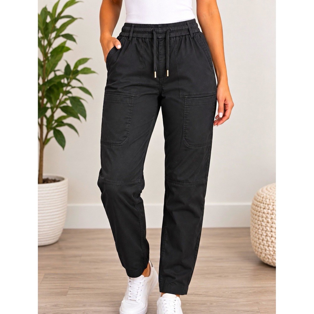 MULTIPANTS Womens Black Jogger Pants L 30.5" Stretch Pockets Drawstring Mid Rise